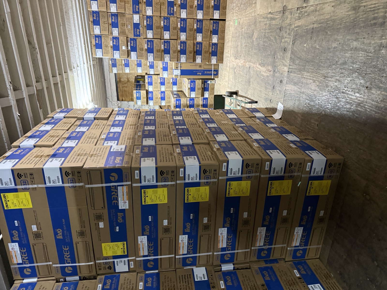 Additional wholesale aisle of Gree air conditioner inventory at Kings AC Supply Brooklyn warehouse