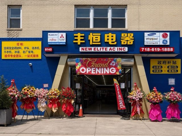 Grand opening of the new Kings AC Supply 丰恒电器 (New Elite AC Inc) store at 8140 New Utrecht Avenue, Brooklyn, decorated with opening flower stands and a Grand Opening banner